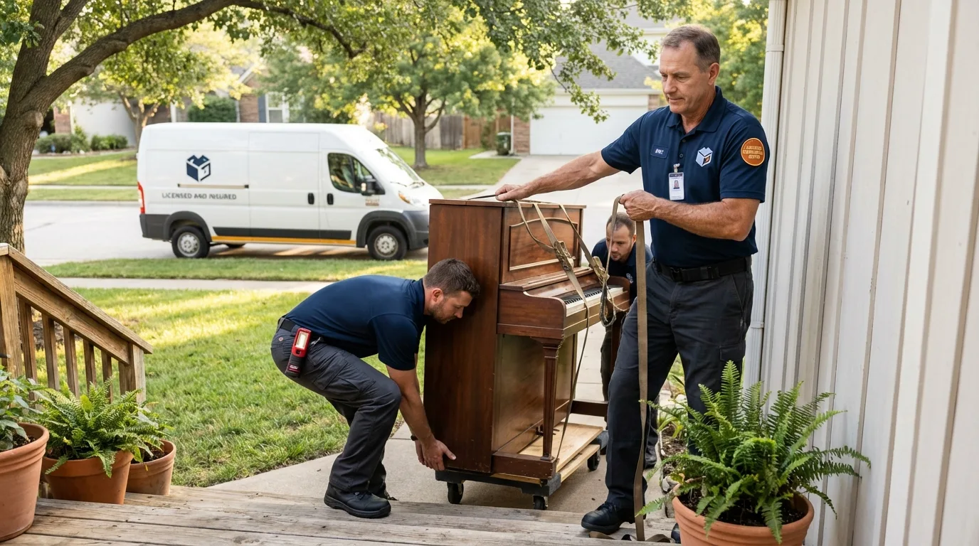Licensed piano movers securing grand piano in Lake Helen, FL