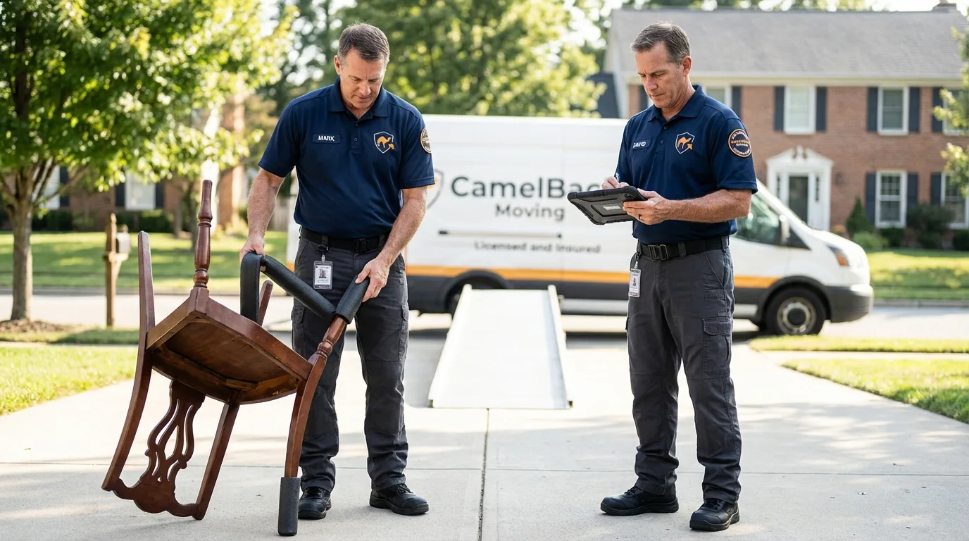 Movers inspecting furniture for damage prevention before loading in Lake Helen, FL