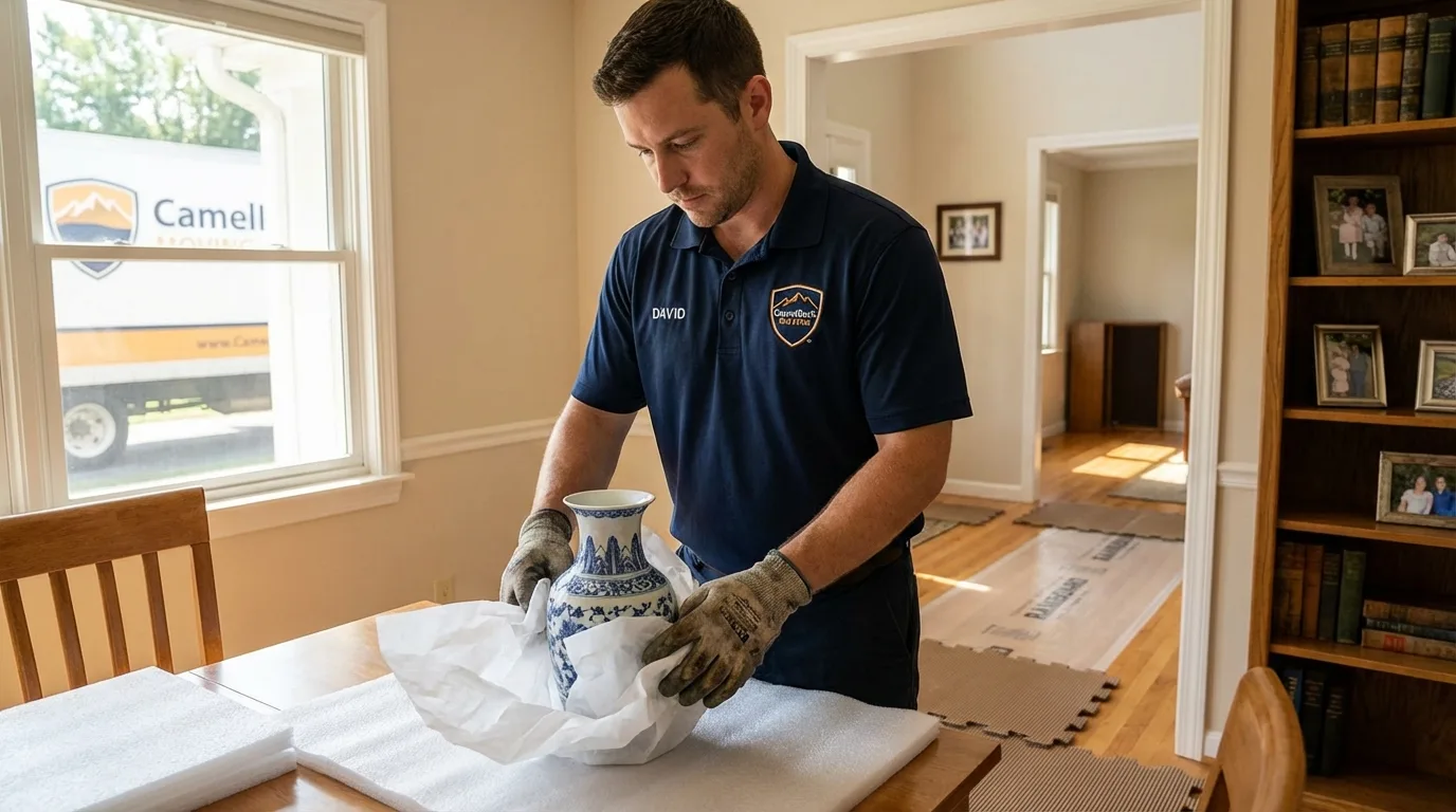 Professional crew carefully wrapping antique vase for senior downsizing move in Lake Helen, FL
